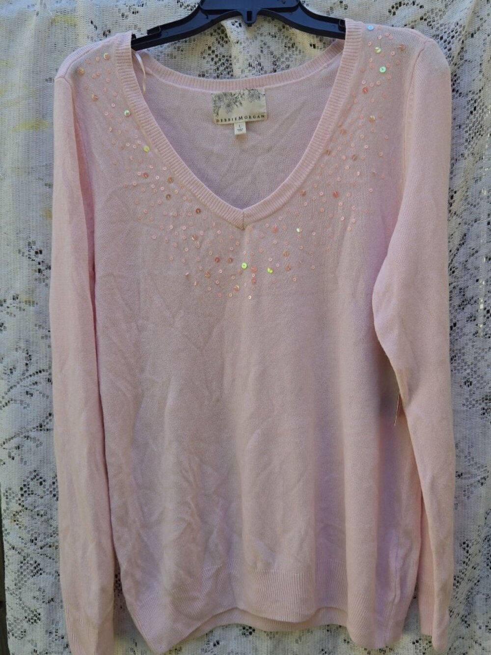 NEW Soft Sequined Vneck Sweater Pale Pink - Large